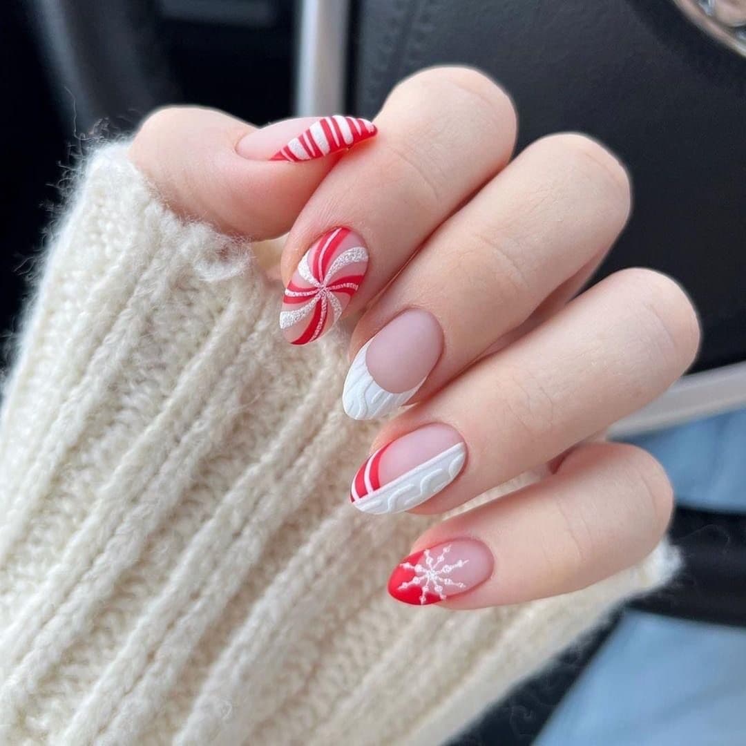 Red and white detailed nail art